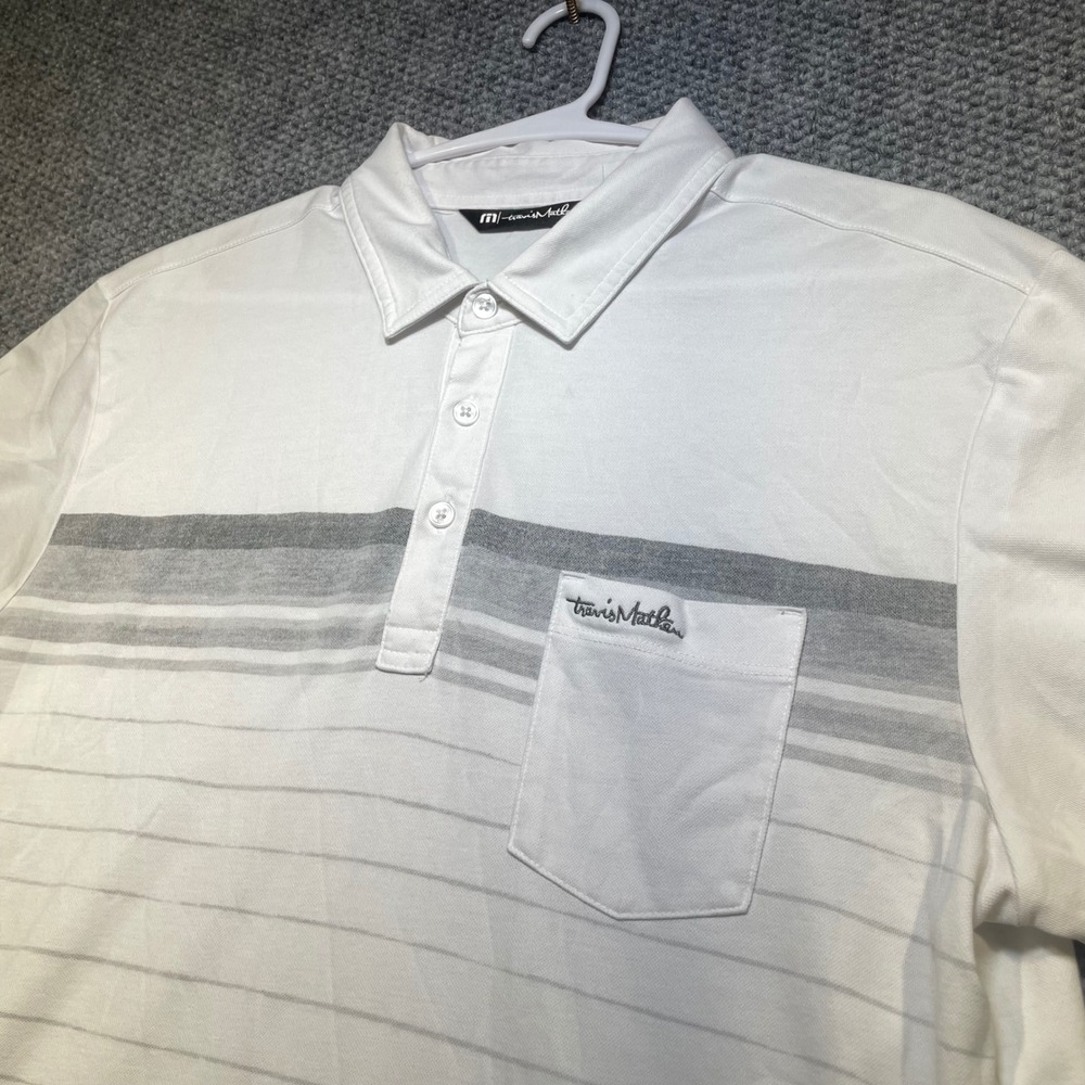 TravisMathew Mens White Grey Striped Short Sleeve Golf Polo Shirt Size Medium